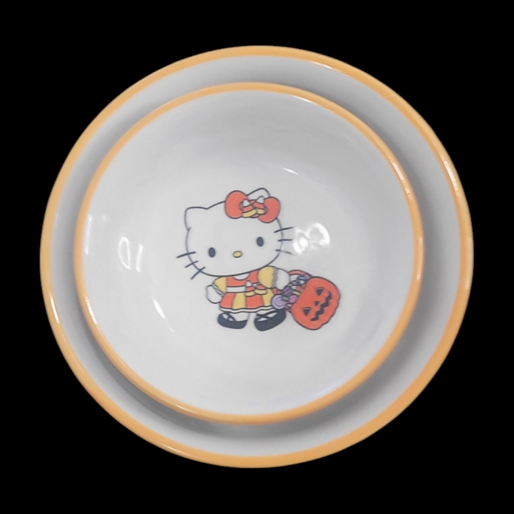 Hello Kitty, Halloween Candy Corn theme Food and Water Ceramic Bowls